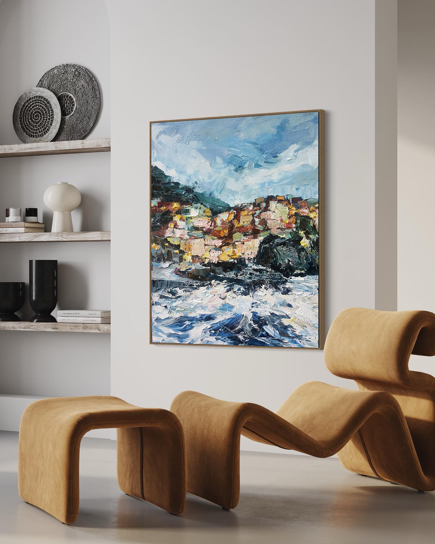 a painting hanging on the wall of a living room