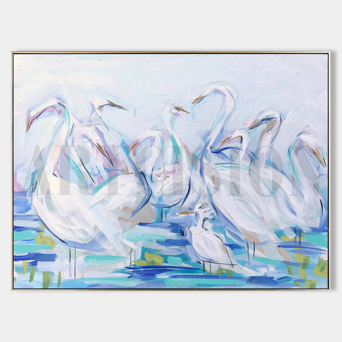 a painting of a group of white birds