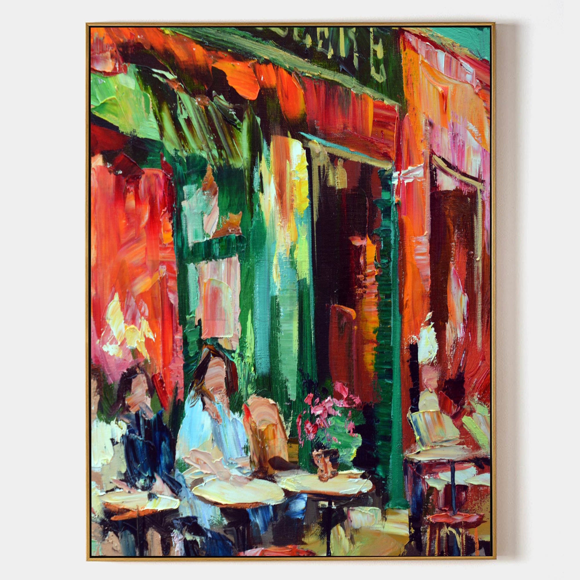 a painting of two people sitting at a table outside a restaurant