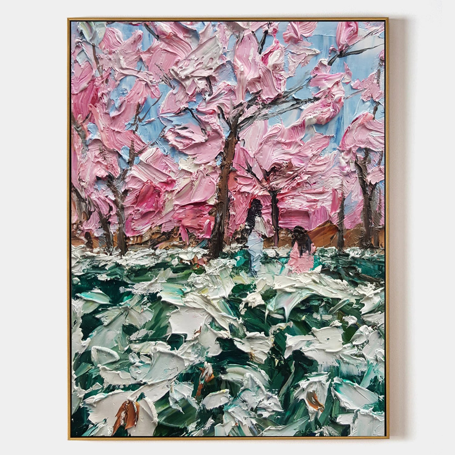 a painting of a pink tree in the middle of a field