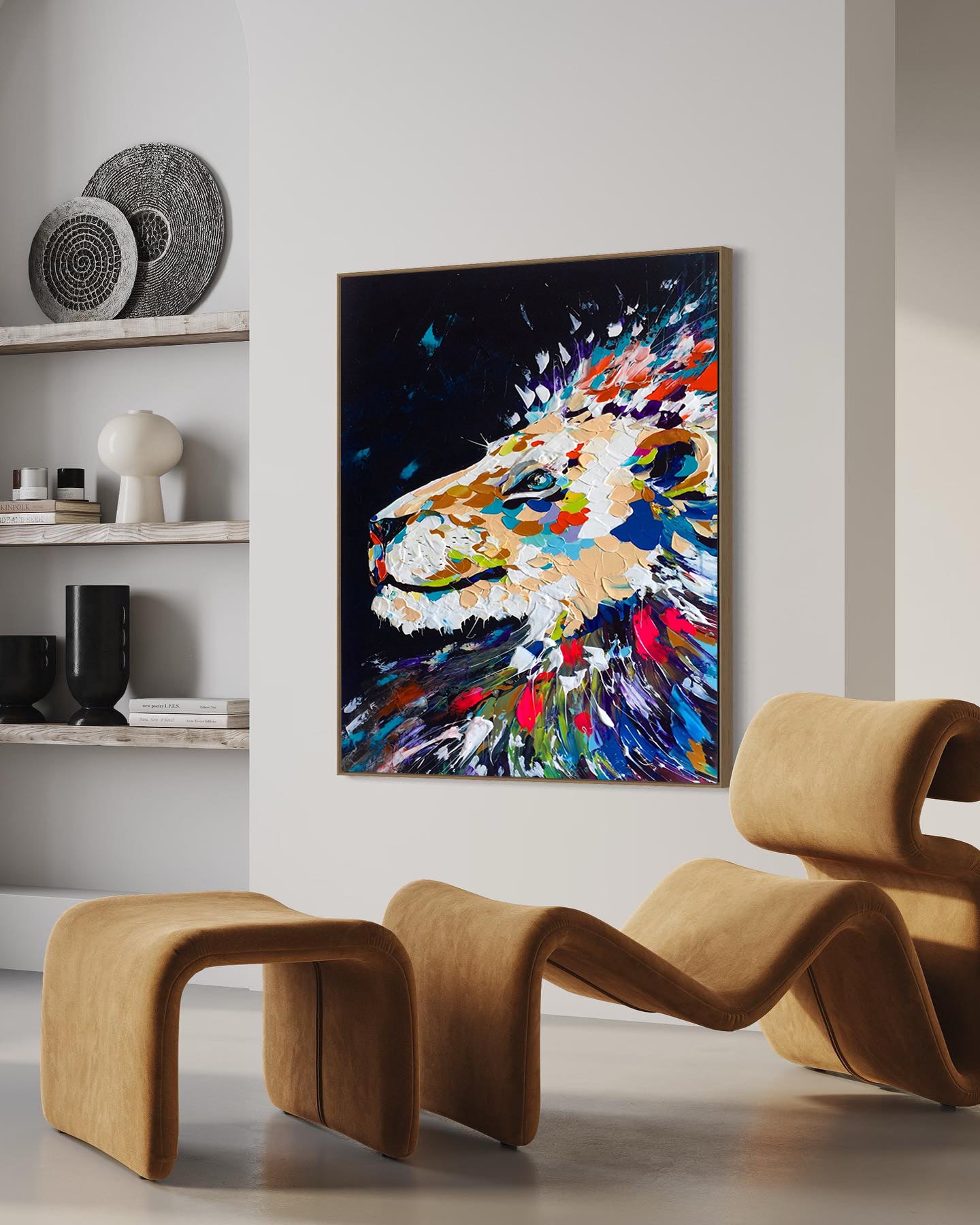 a painting of a lion on a white wall