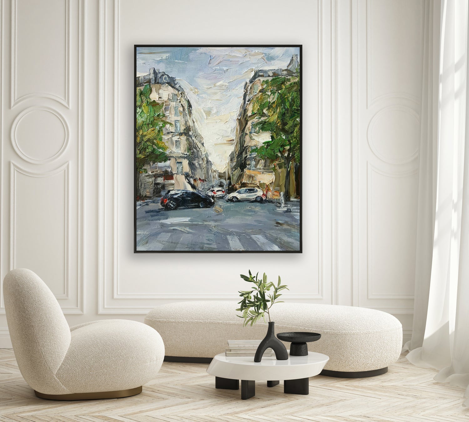 a painting of a city street in a living room