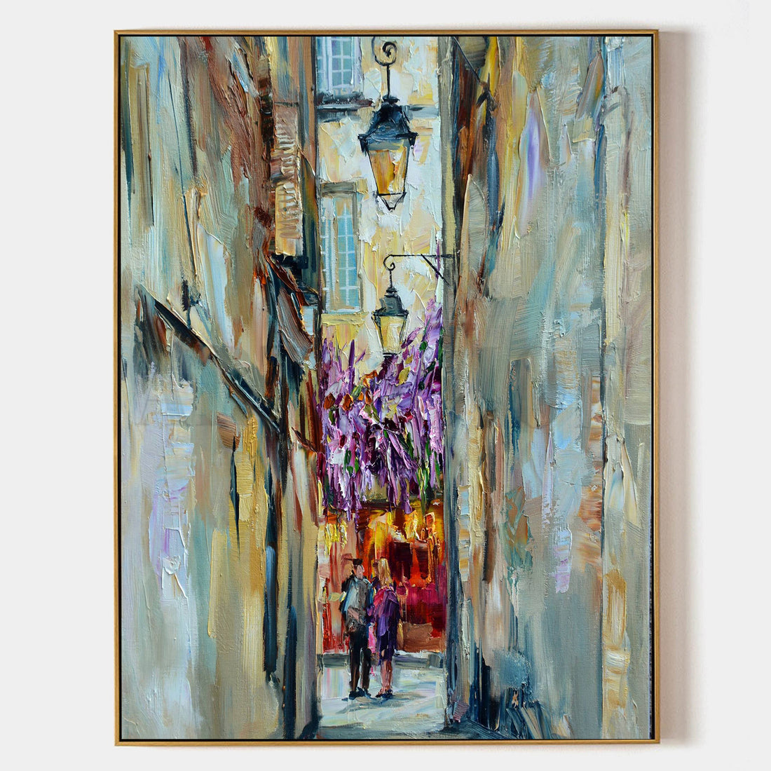 a painting of a person walking down a street