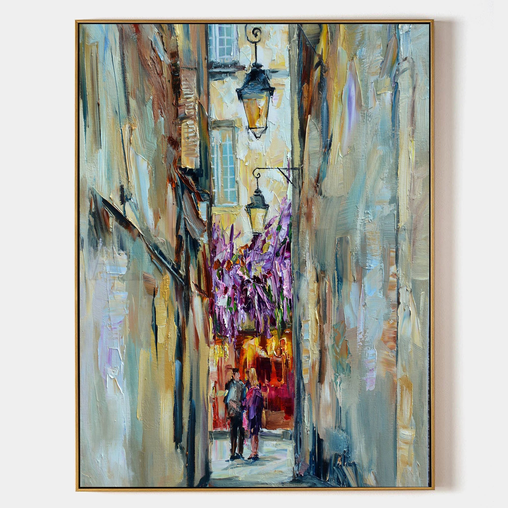 a painting of a person walking down a street