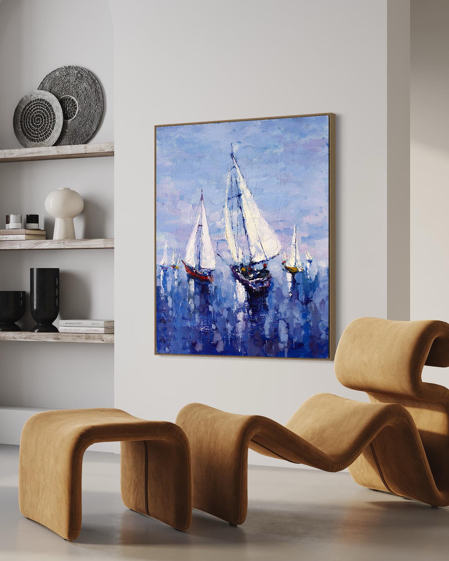 a painting of a sailboat in a room