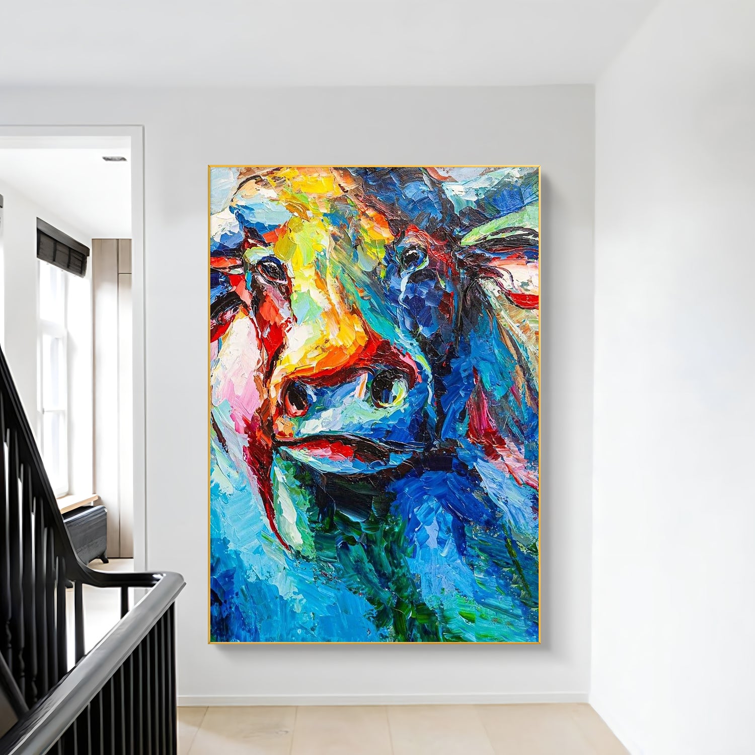 a painting of a cow on a white wall