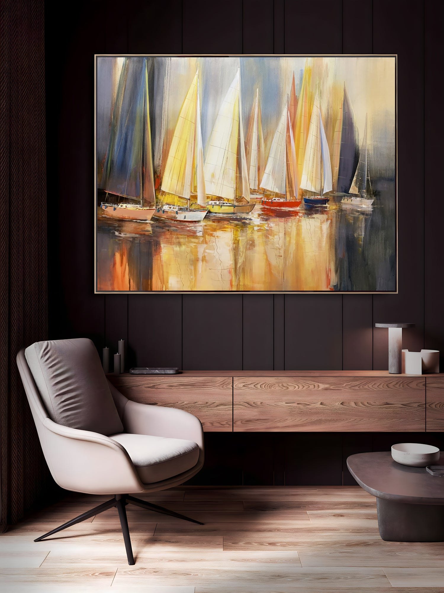 a living room with a painting of sailboats on the wall