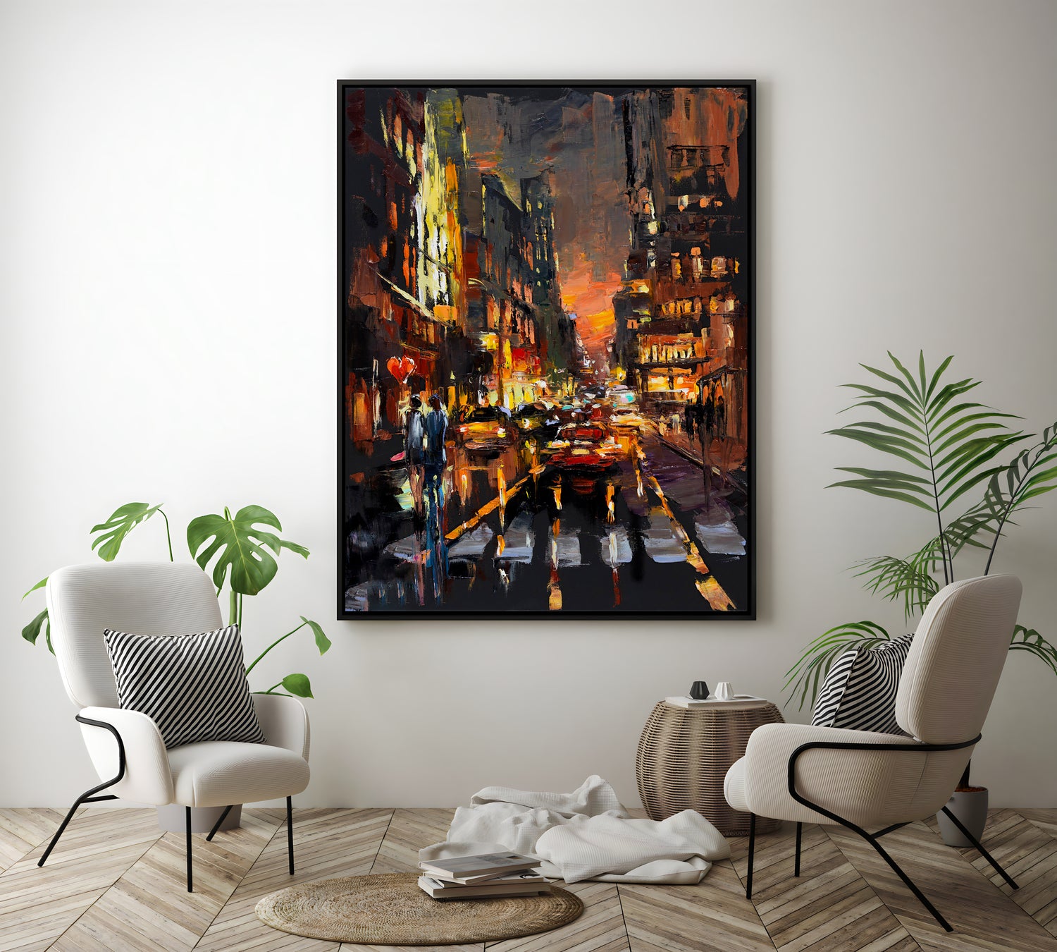 a painting of a city street at night