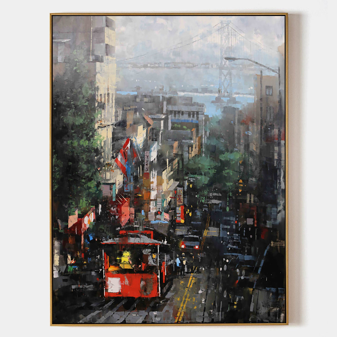 a painting of a red trolley on a city street