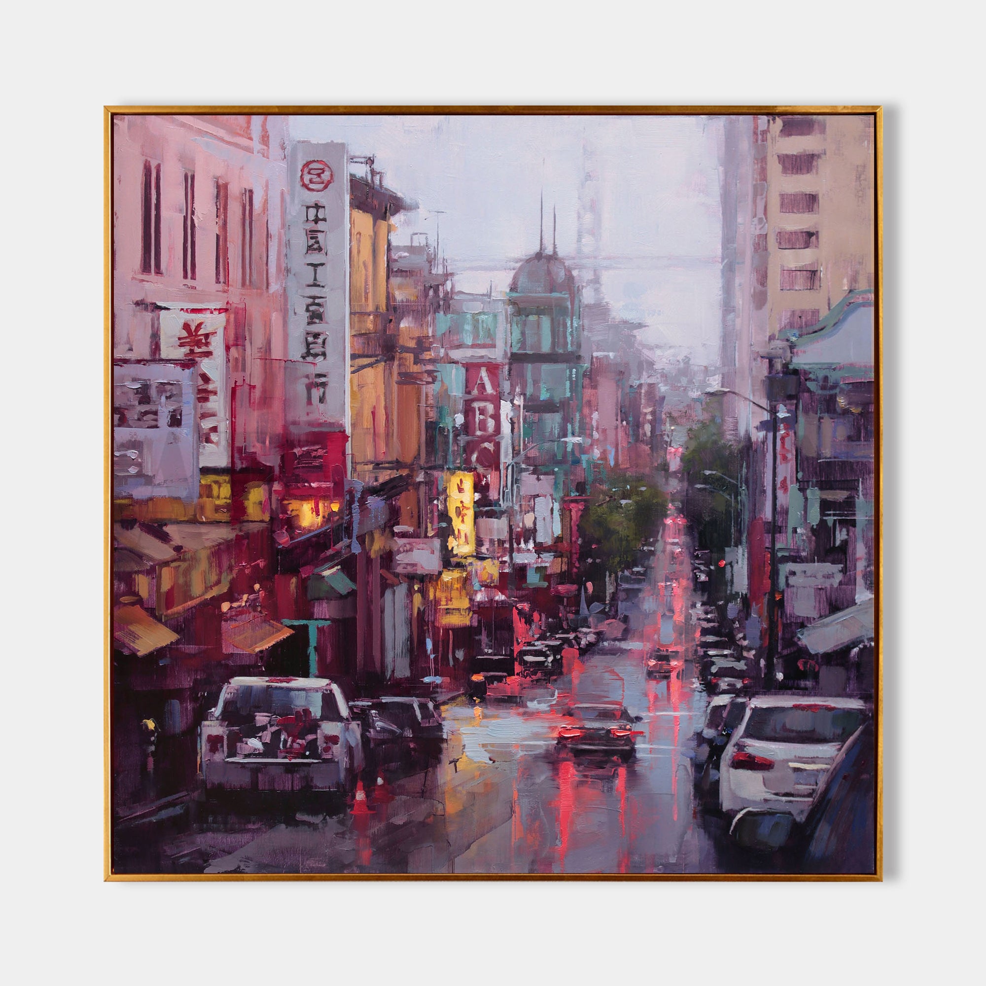 a painting of a city street filled with traffic