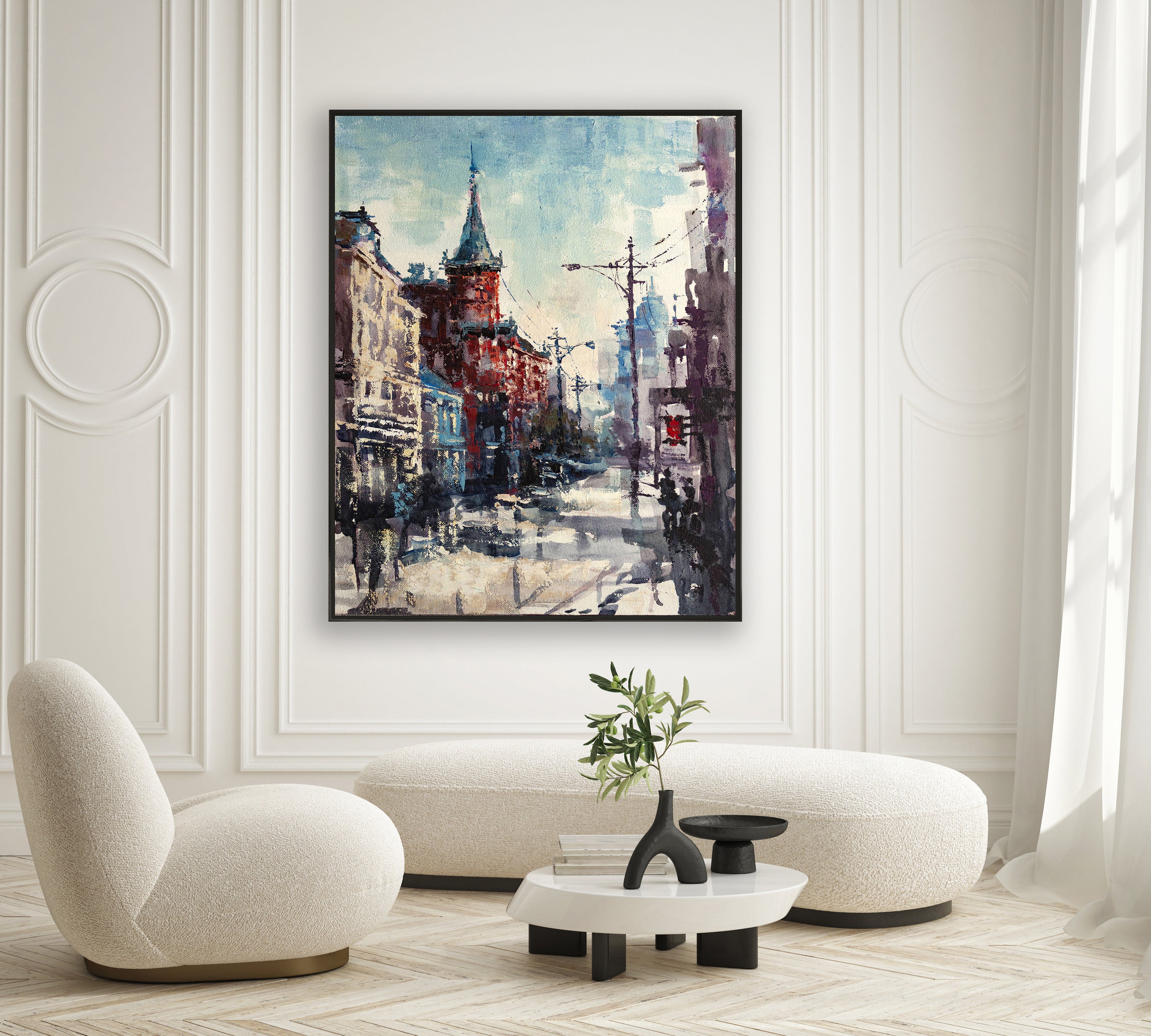 a painting of a city street in a living room