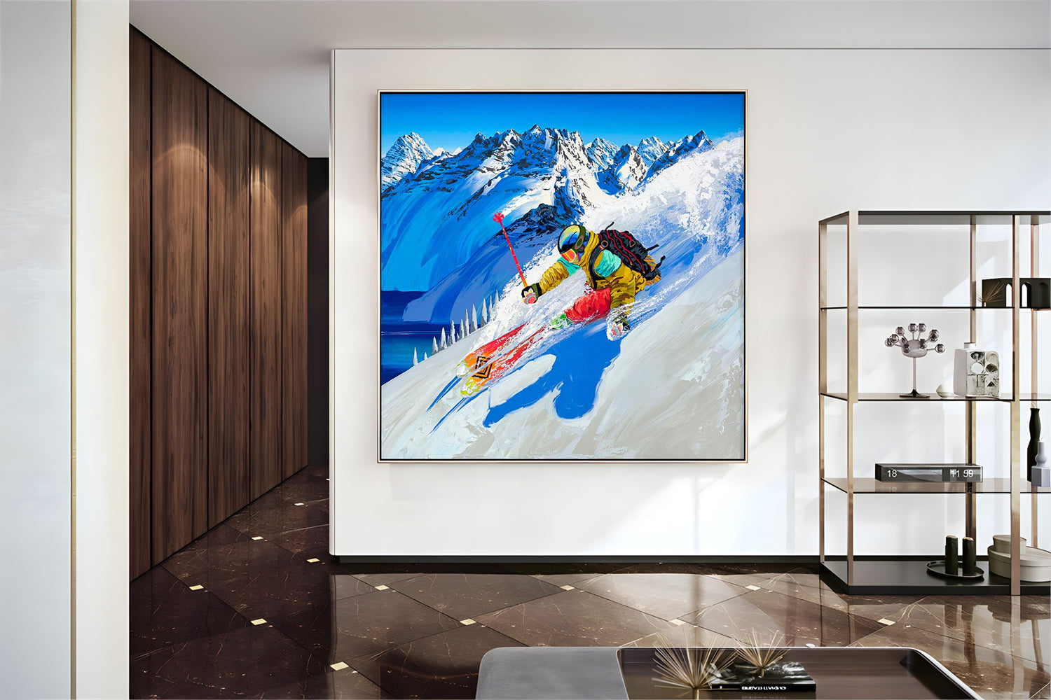 a painting of a skier skiing down a mountain