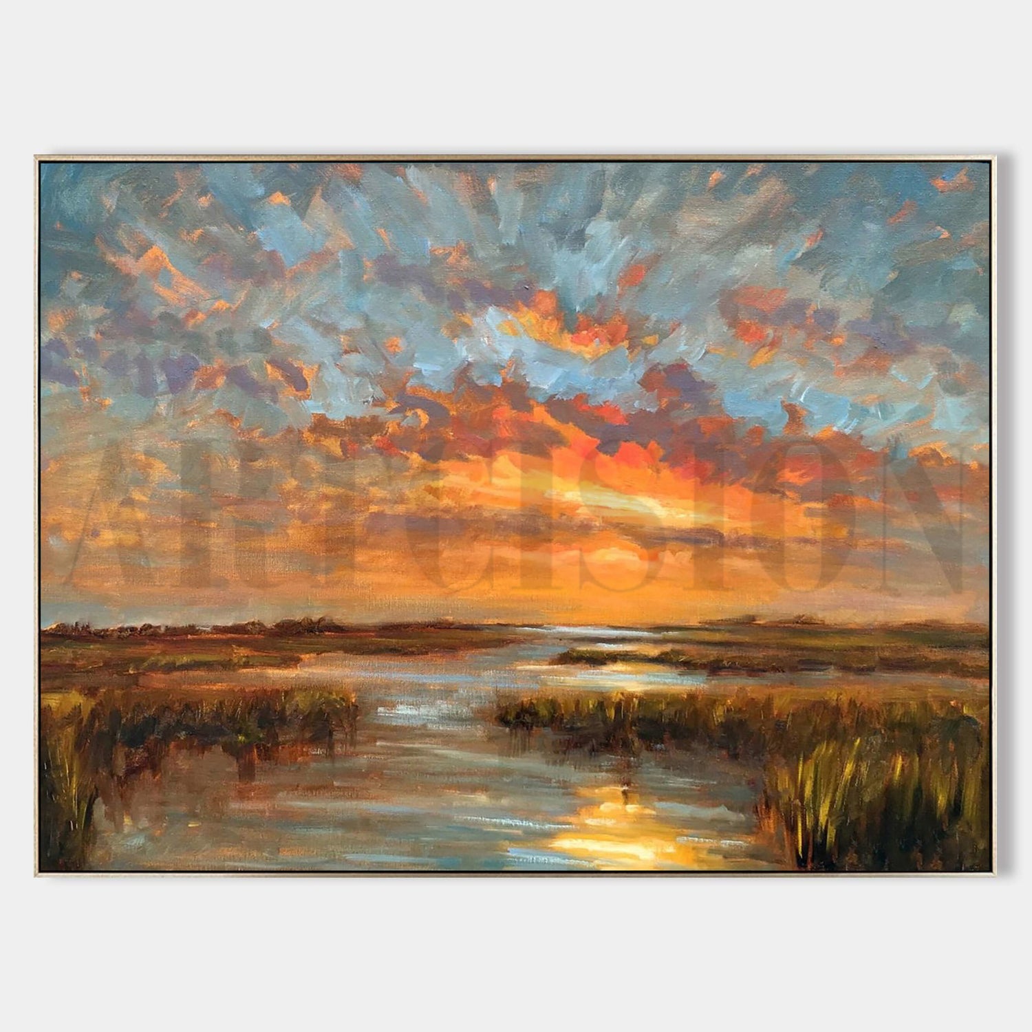 a painting of a sunset over a body of water