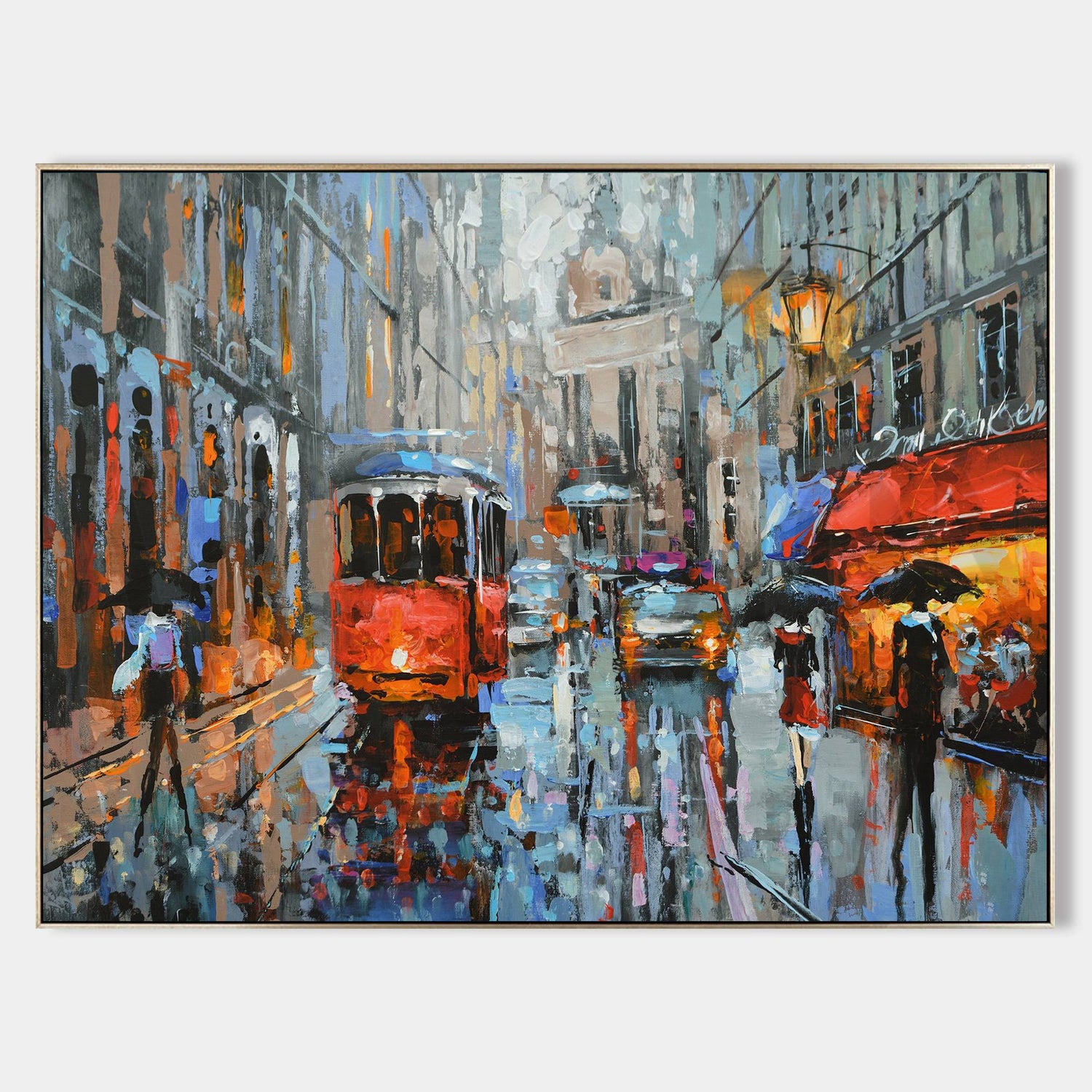 a painting of a city street with a trolley