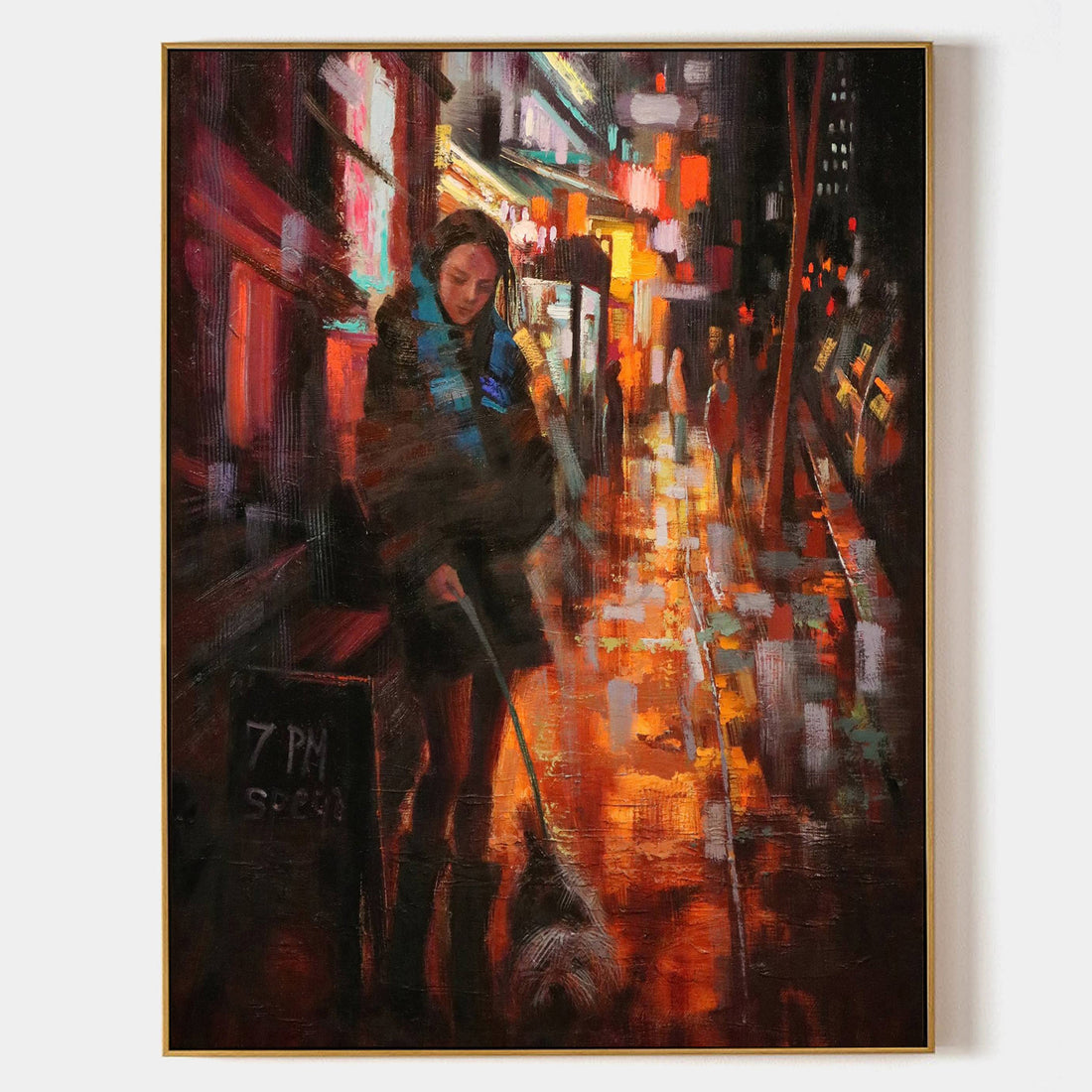 a painting of a woman walking down a city street