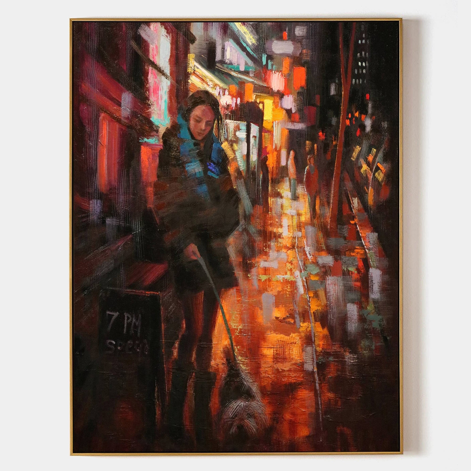 a painting of a woman walking down a city street