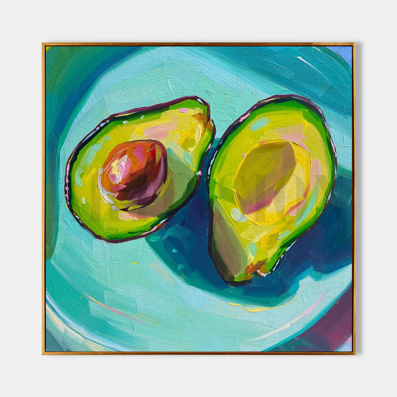 a painting of two avocados on a blue plate