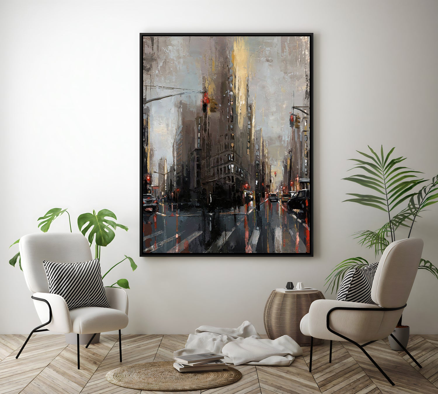 a painting of a city street with a traffic light