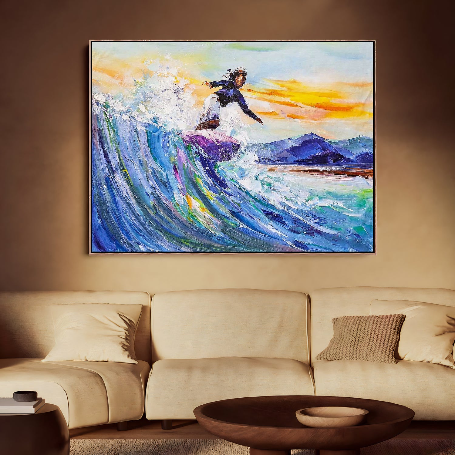 a painting of a woman surfing on a wave