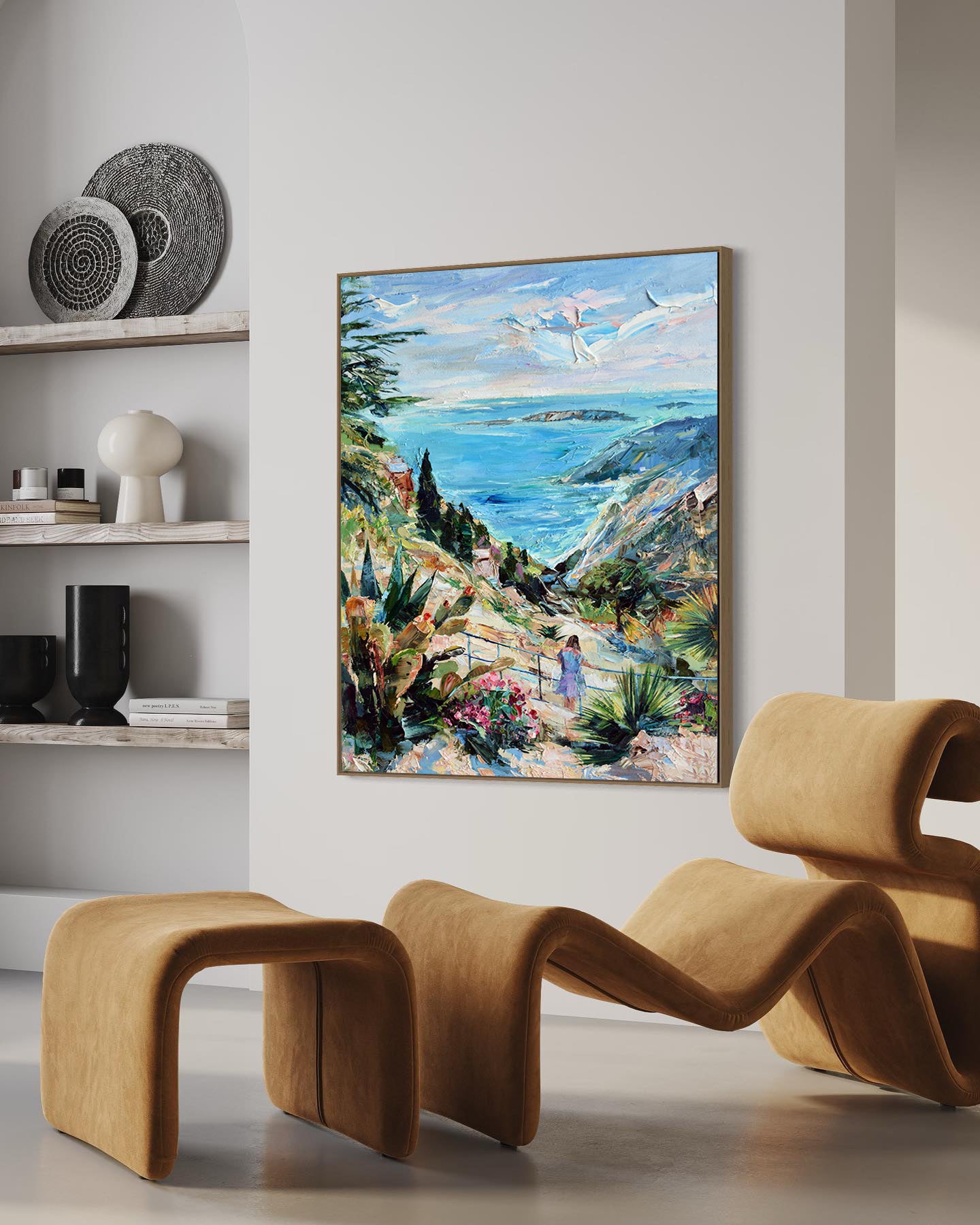 a painting hanging on the wall of a living room