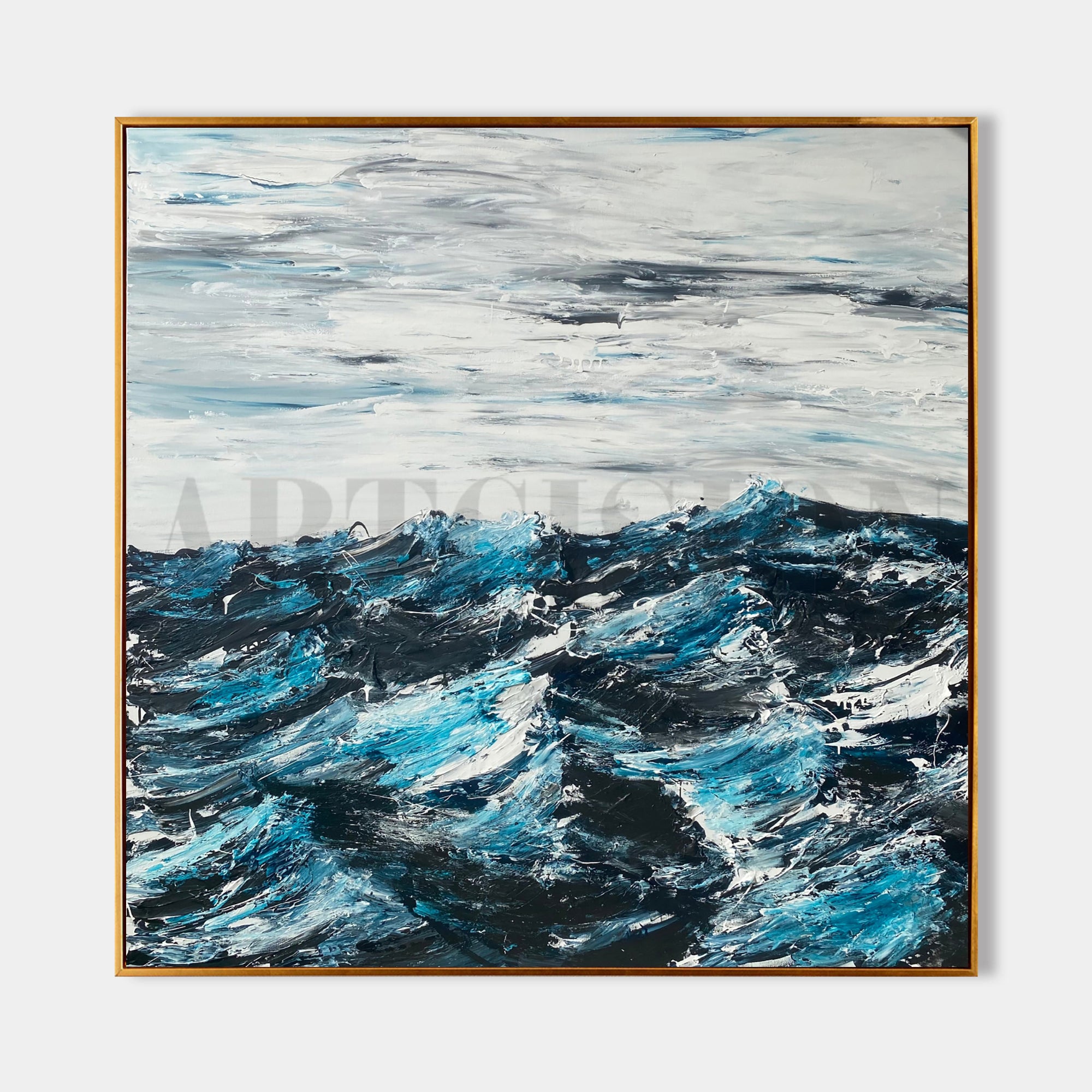 a painting of a blue ocean with white waves