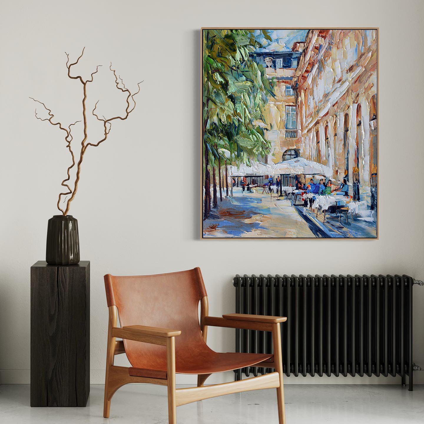 a painting of a city street next to a radiator