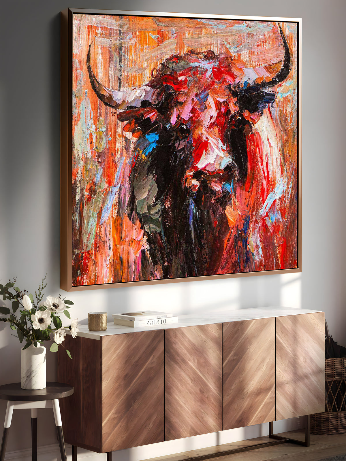 a painting of a bull on a wall