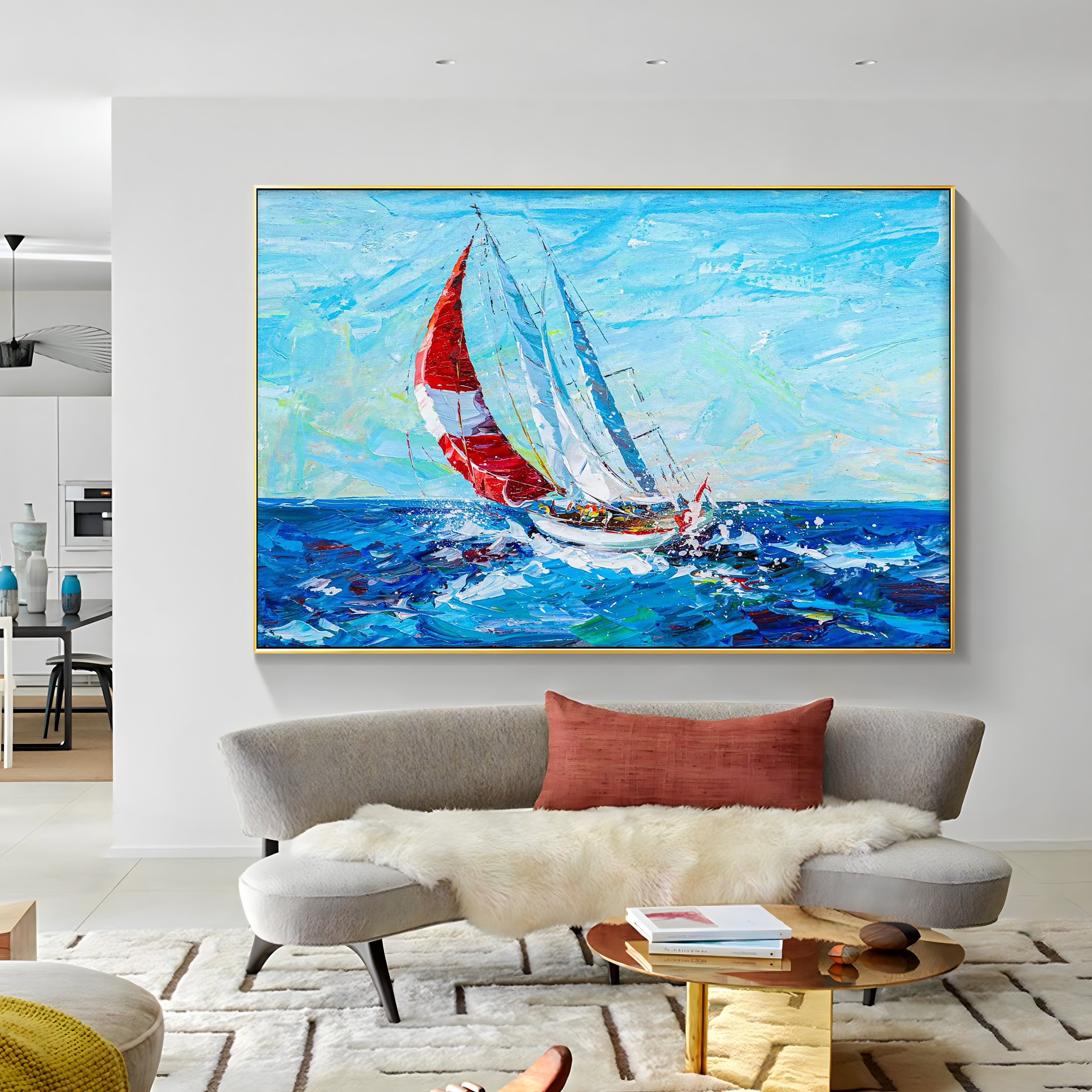 a painting of a sailboat in a living room