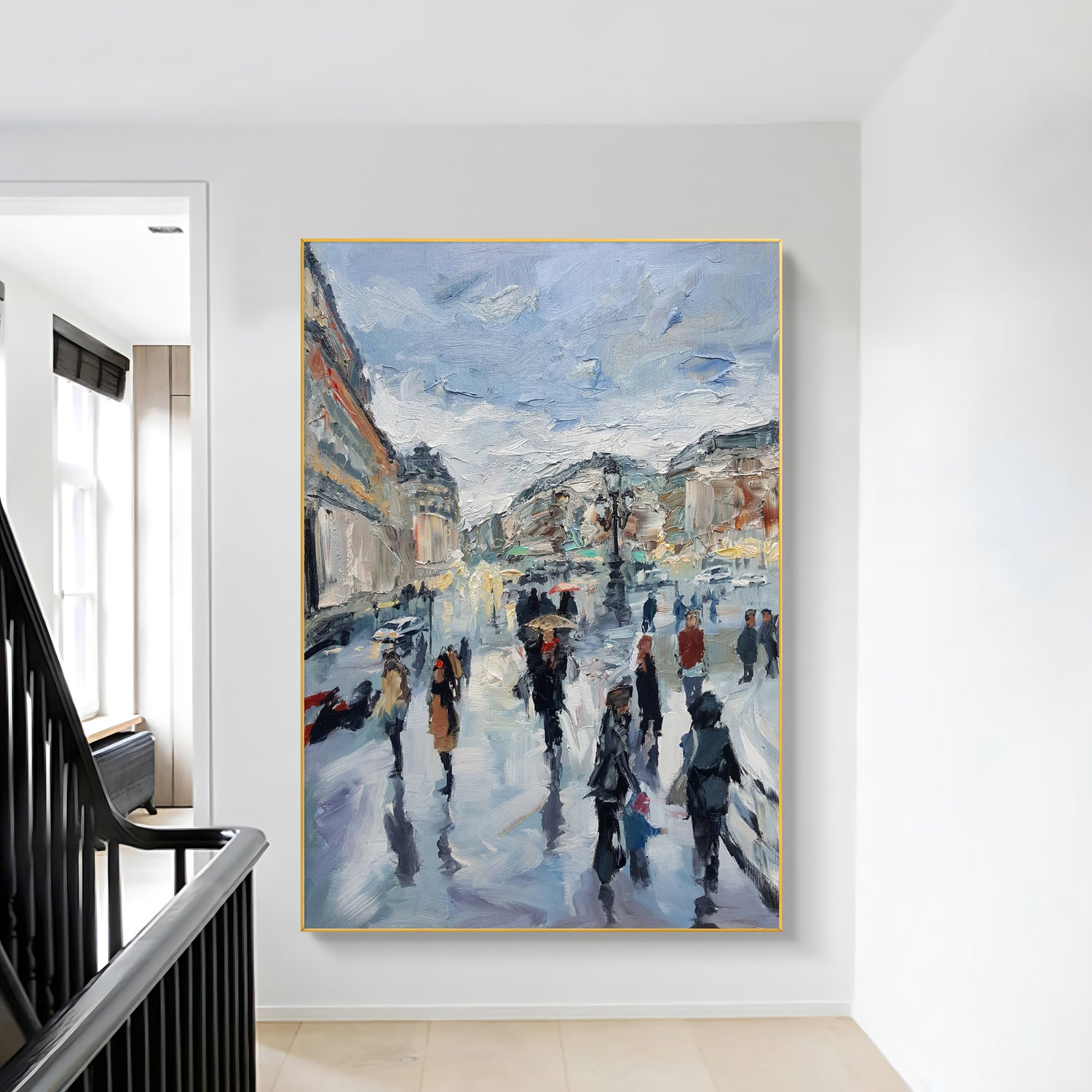 a painting of people walking down a street