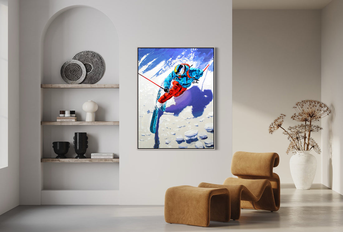 a painting of a skier on a snowy mountain