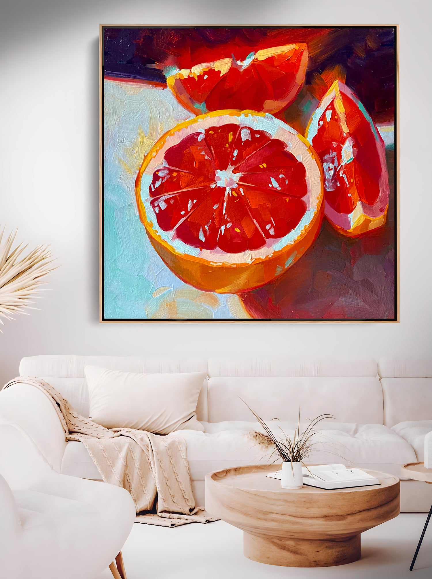 a painting of a grapefruit in a living room