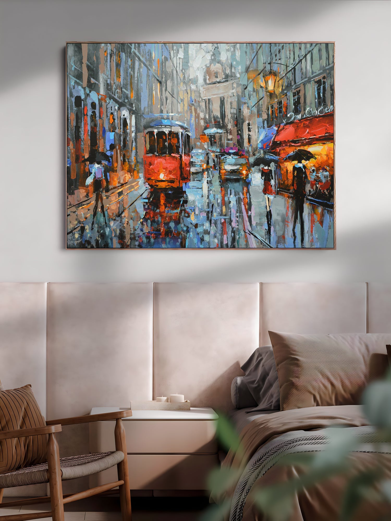 a painting of a city street with a red bus