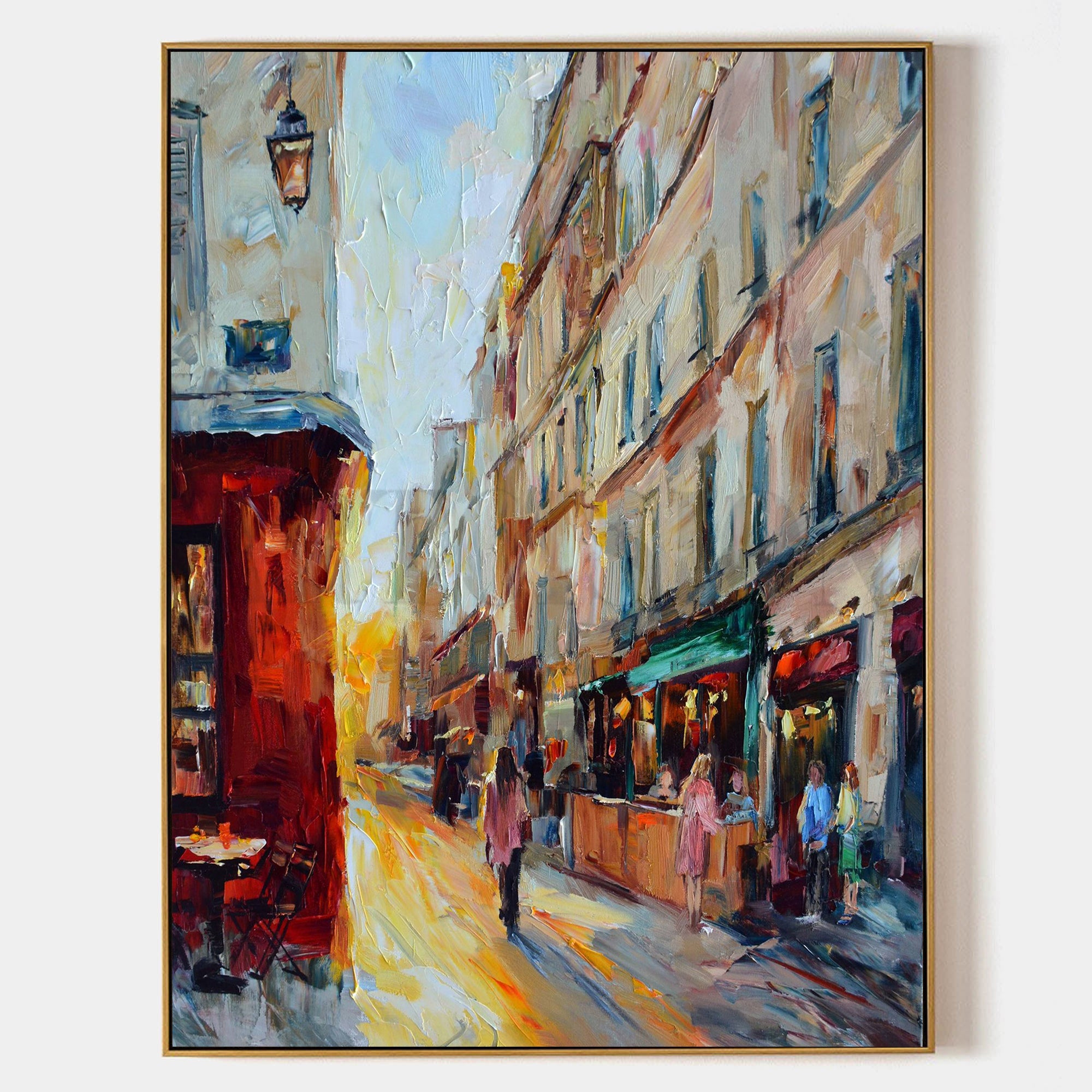 a painting of people walking down a city street