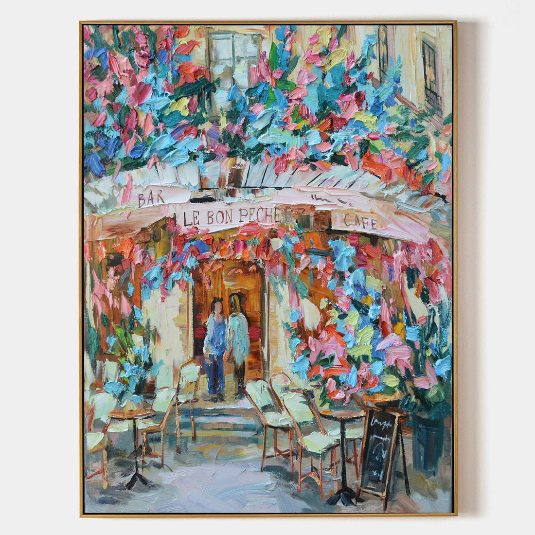 a painting of a cafe with chairs and tables