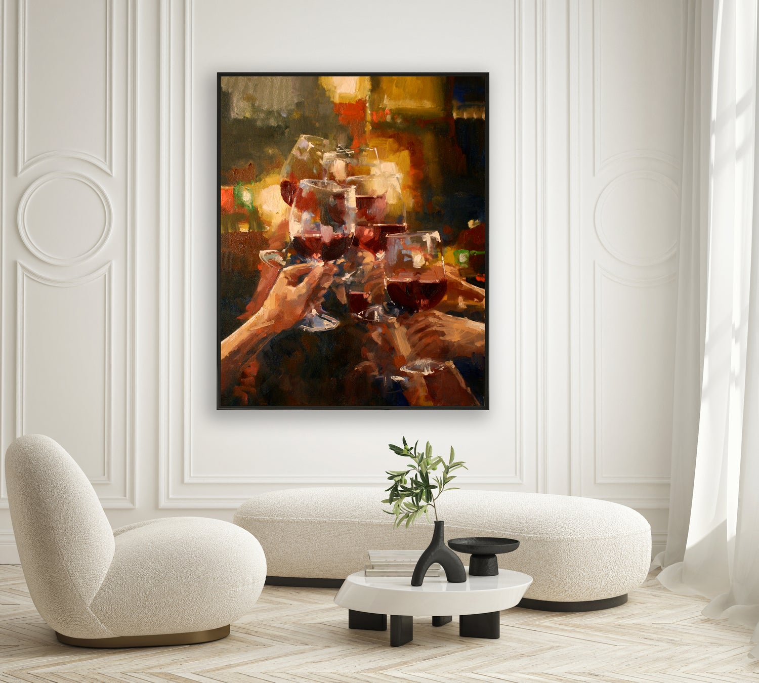 a painting of a group of people toasting with wine glasses