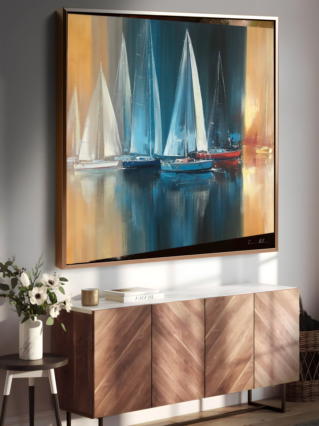 a painting of sailboats is hanging on a wall