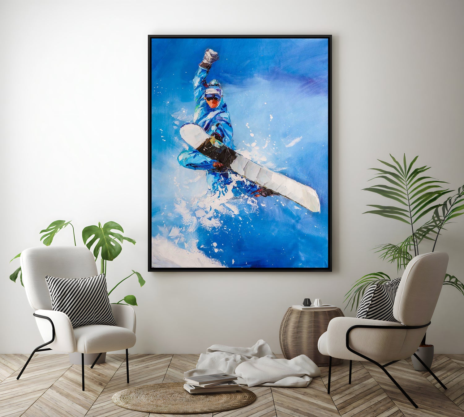 a painting of a person on a surfboard