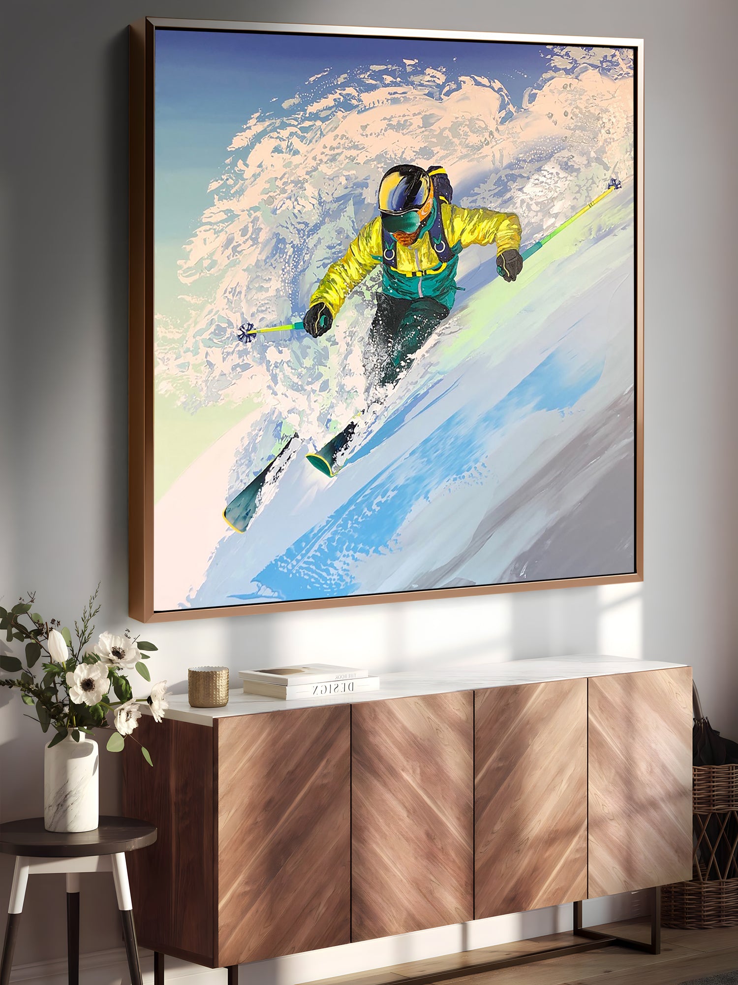 a painting of a person skiing on a mountain