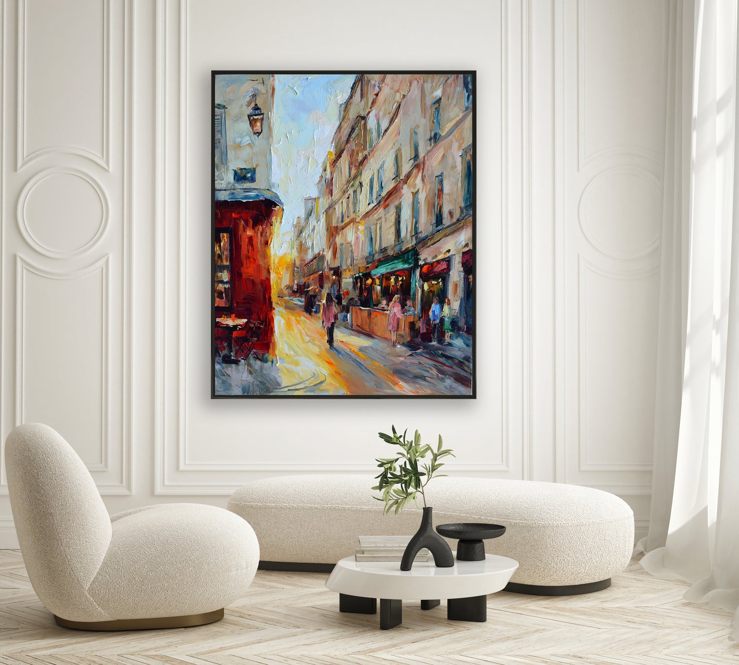 a painting of a city street in a living room