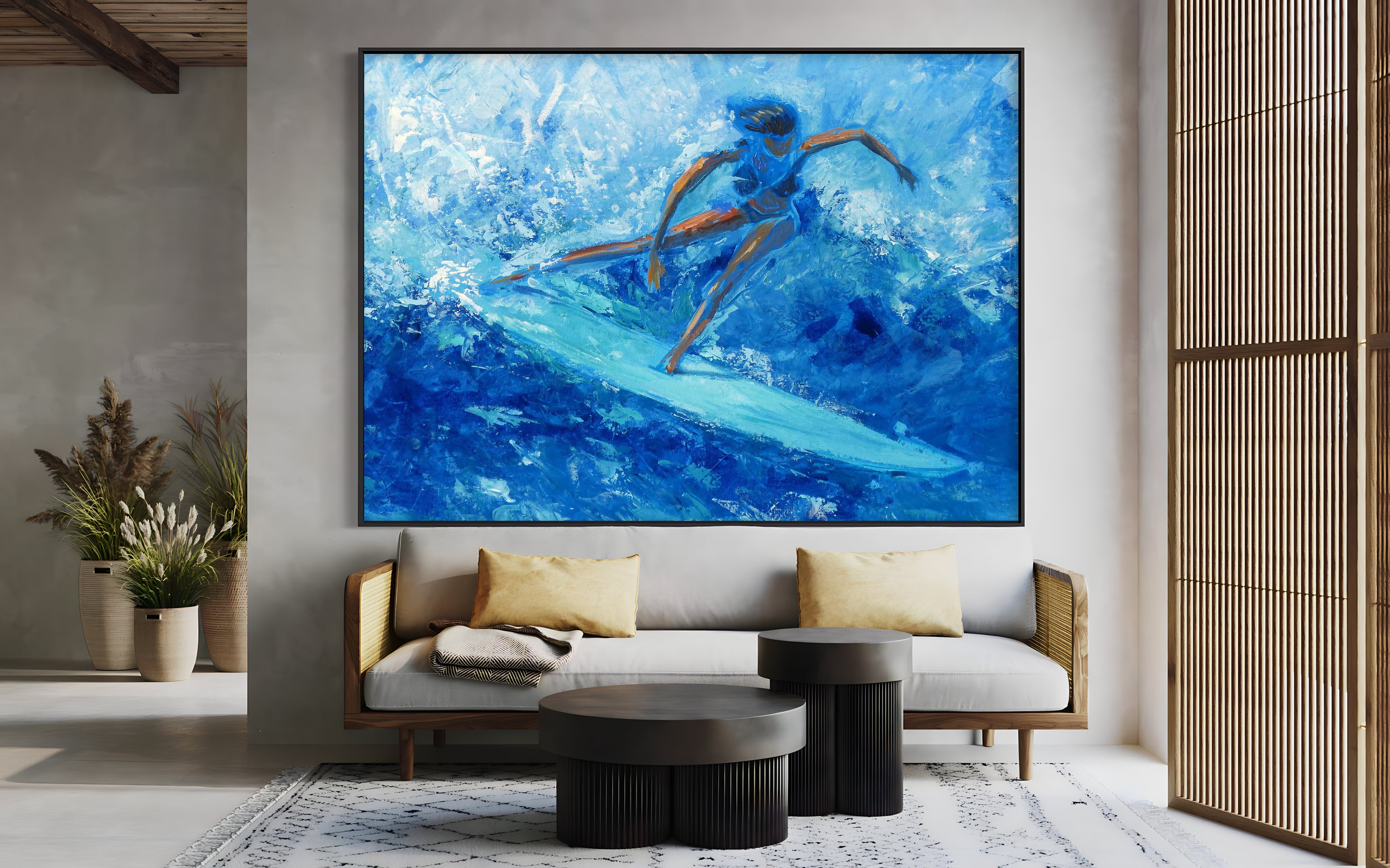 a painting of a woman on a surfboard in a living room