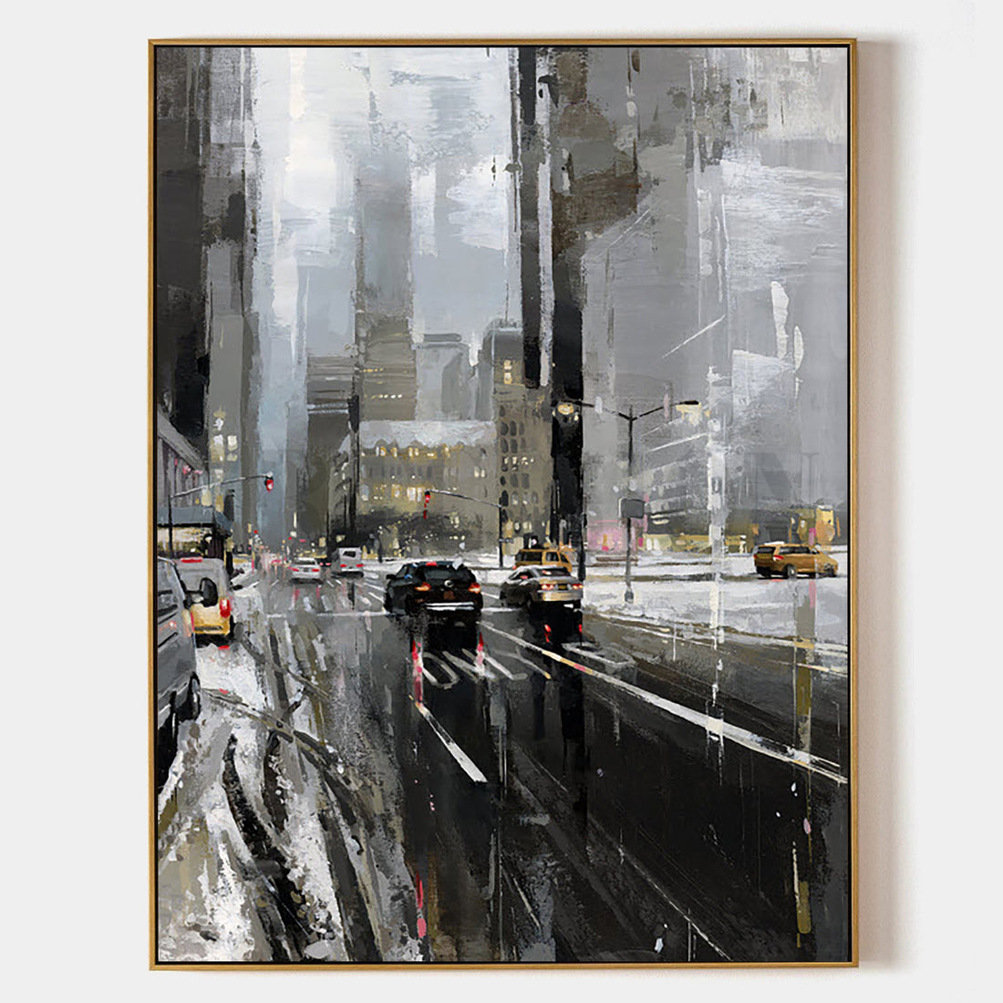 a painting of a city street in the rain