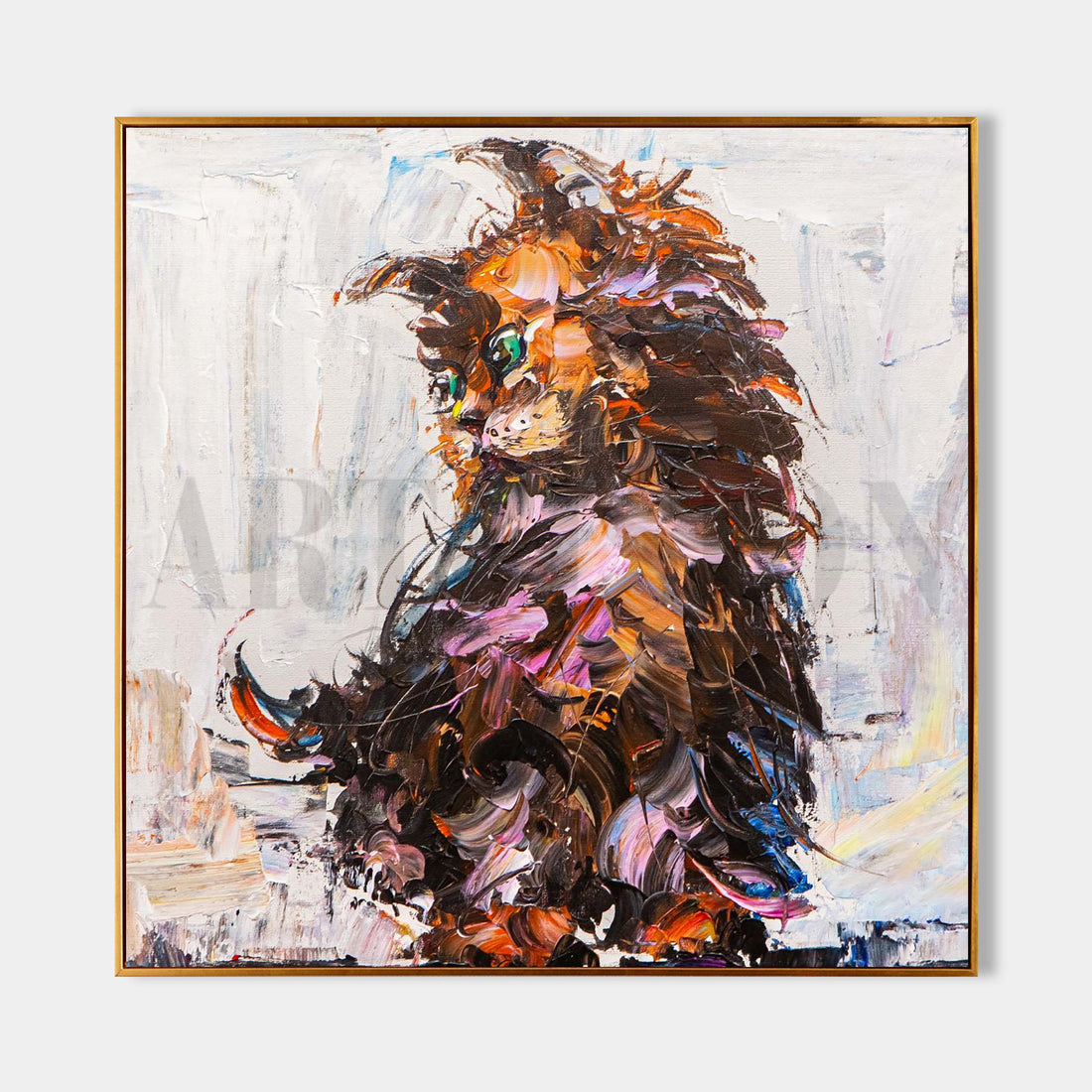 a painting of a lion in a gold frame