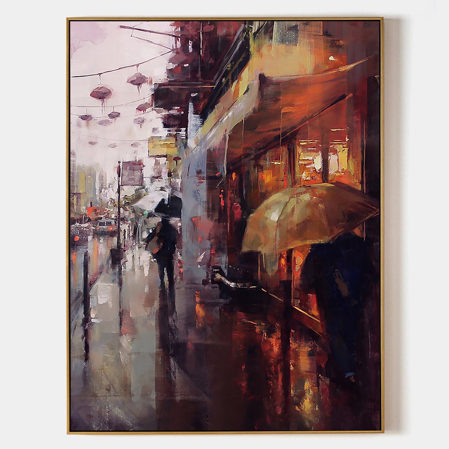 a painting of people walking in the rain with umbrellas