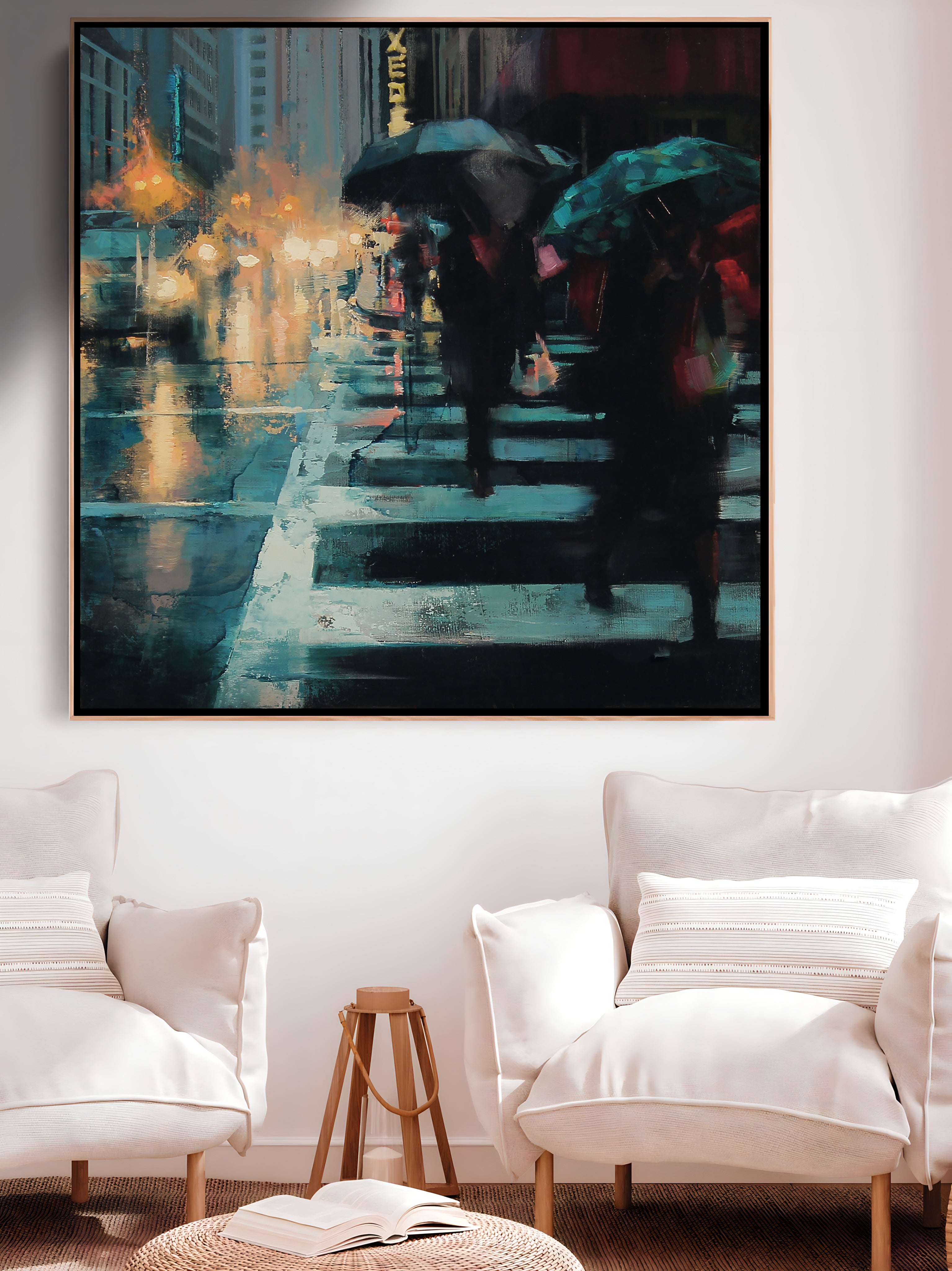 a painting of people with umbrellas on a city street