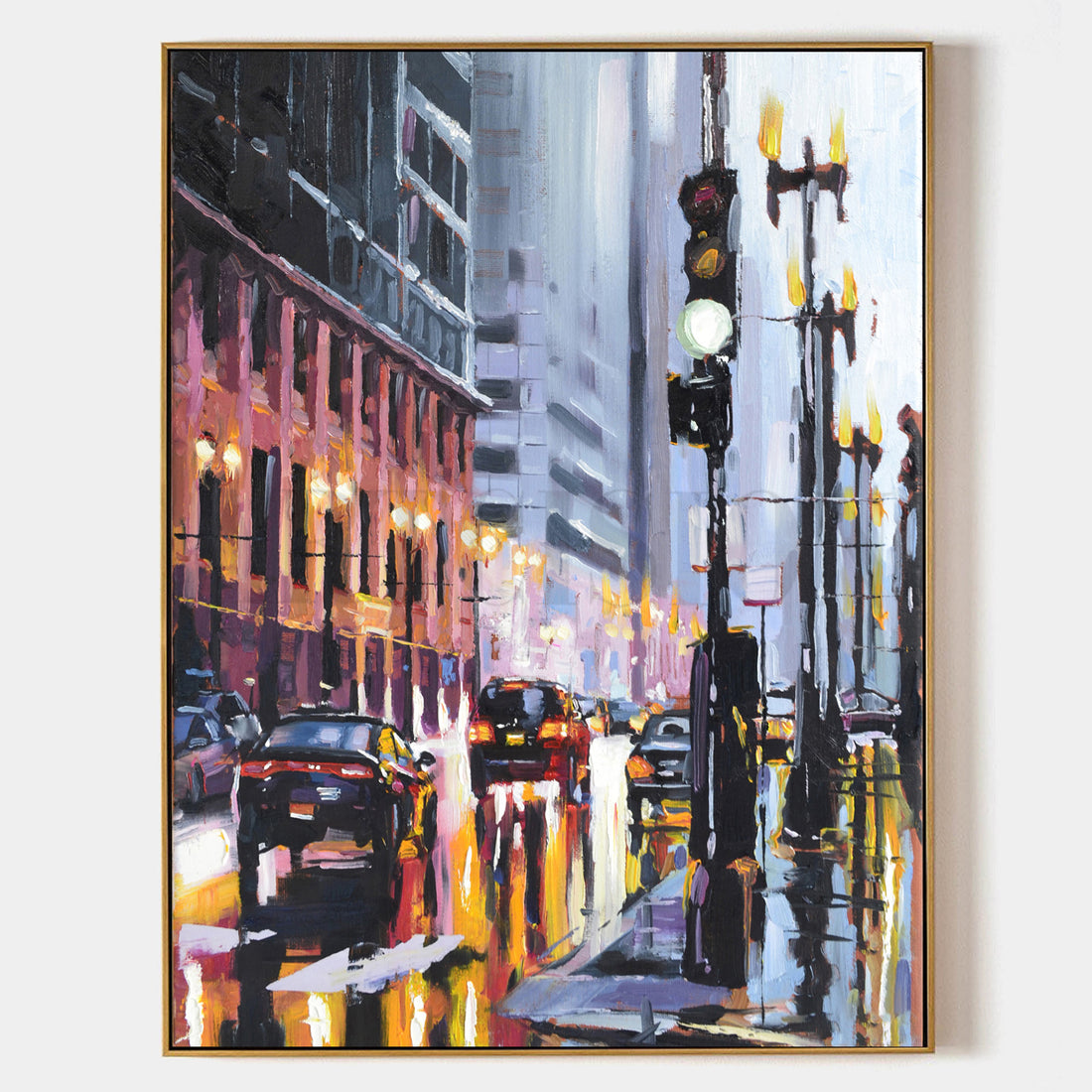 a painting of a city street at night