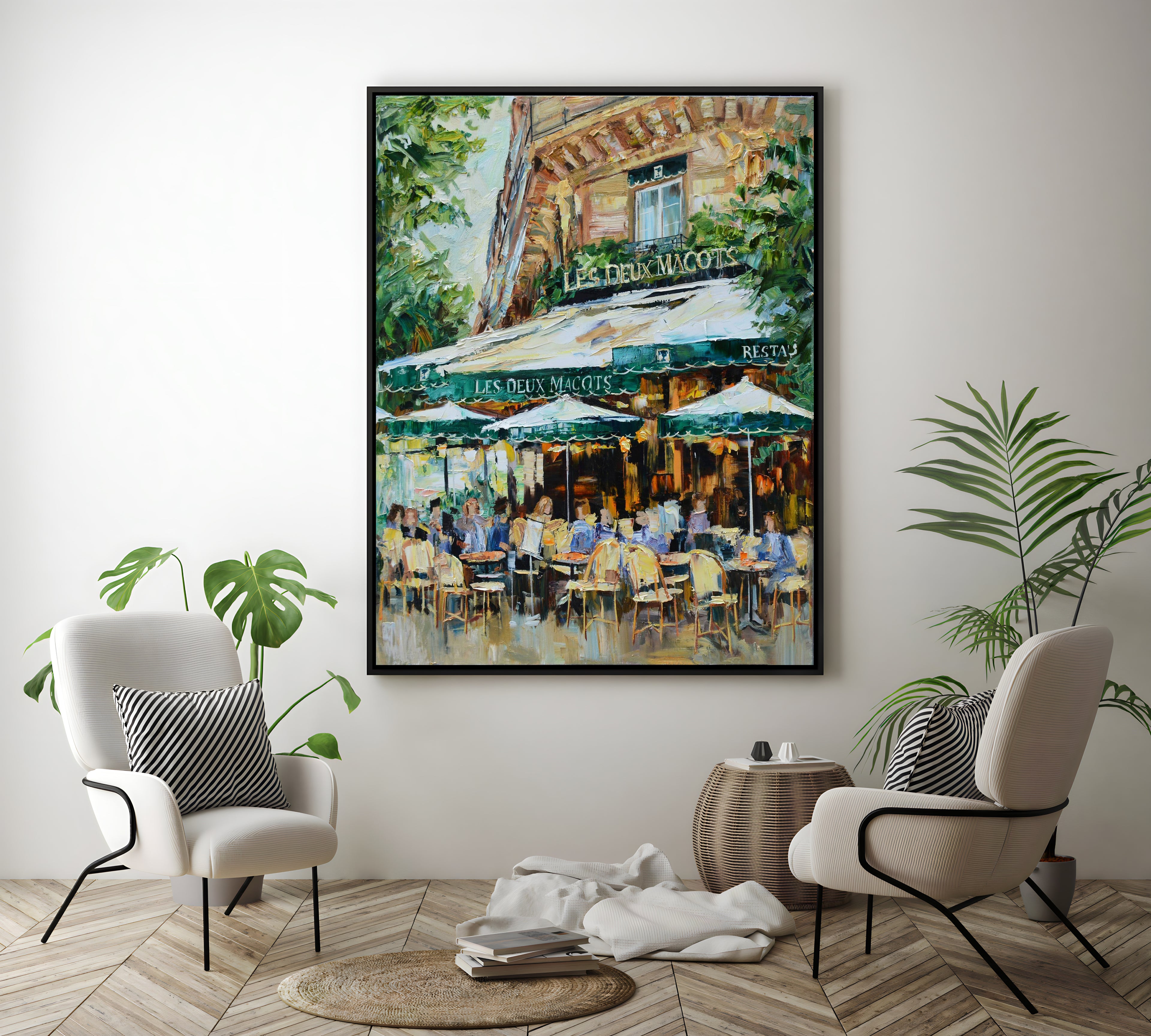 a painting of a cafe with chairs and tables