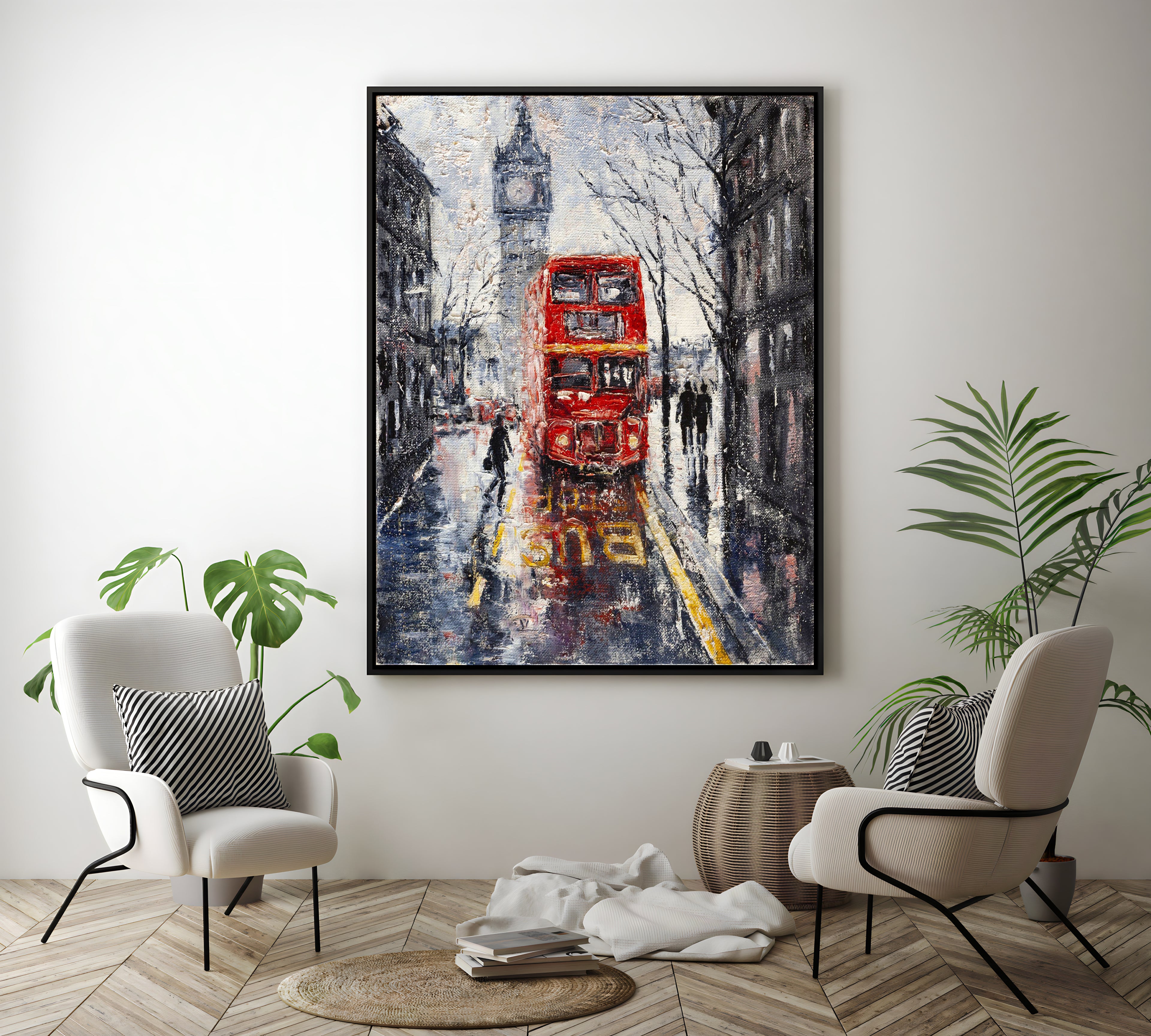 a painting of a double decker bus on a city street