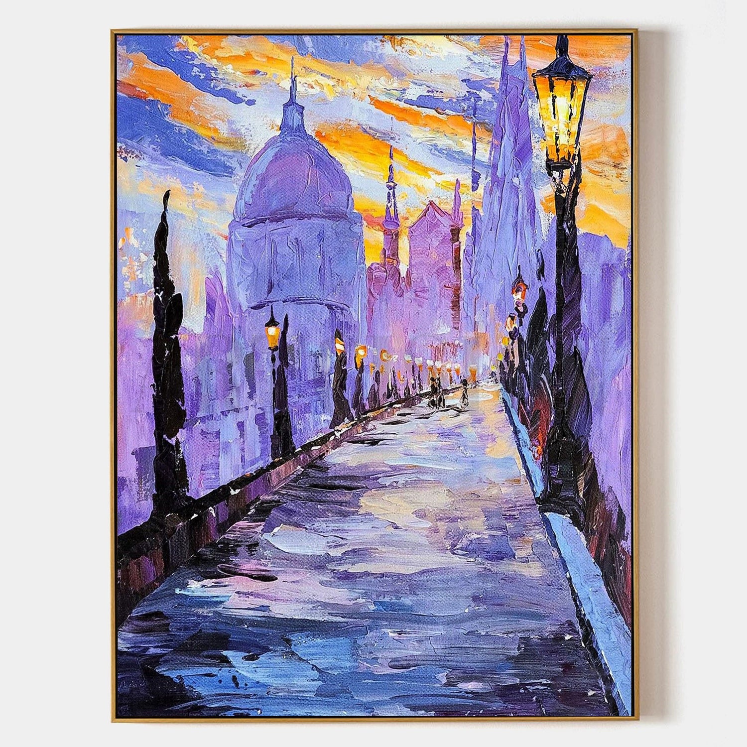 a painting of a city street at night