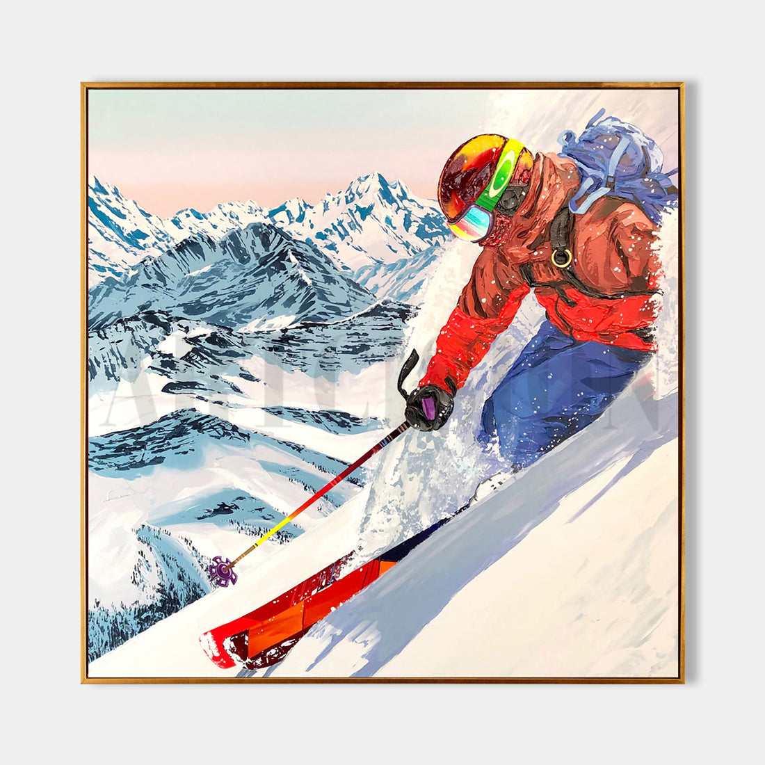 a painting of a skier going down a mountain