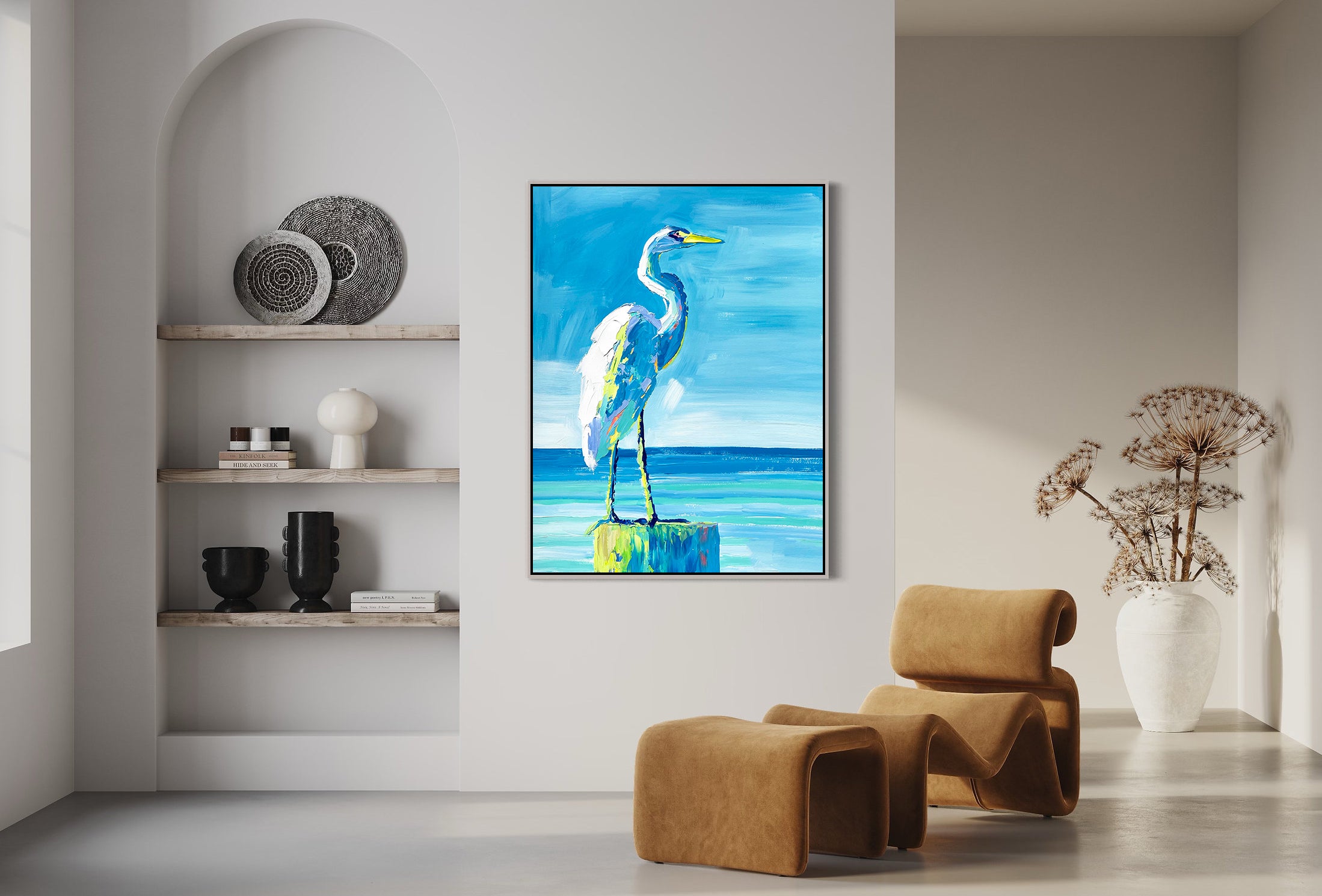 a painting of a white bird on a blue background